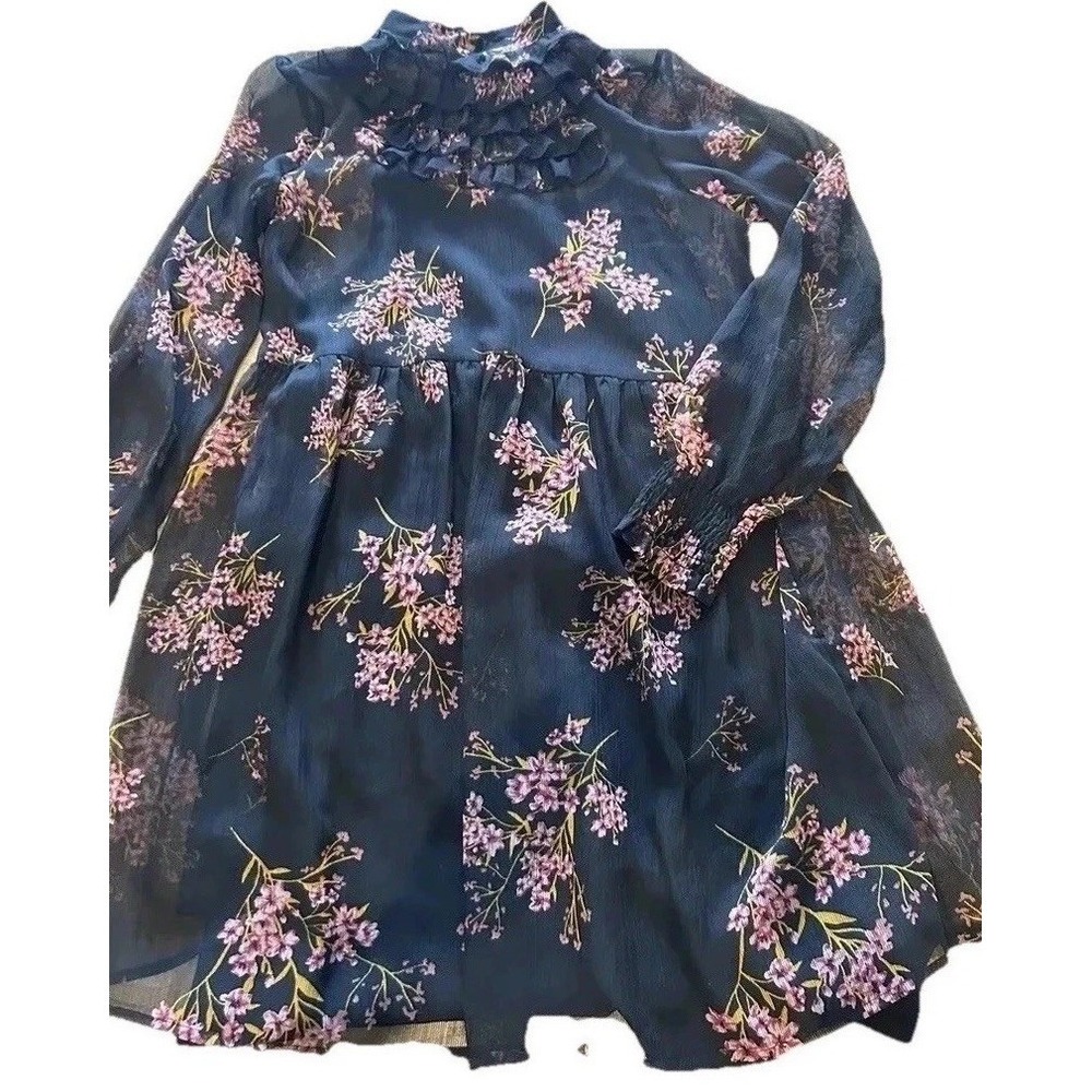 Baby Doll Dress S Short Sheer Black Floral High Ruffle Neck Sheer Sleeve Flowy